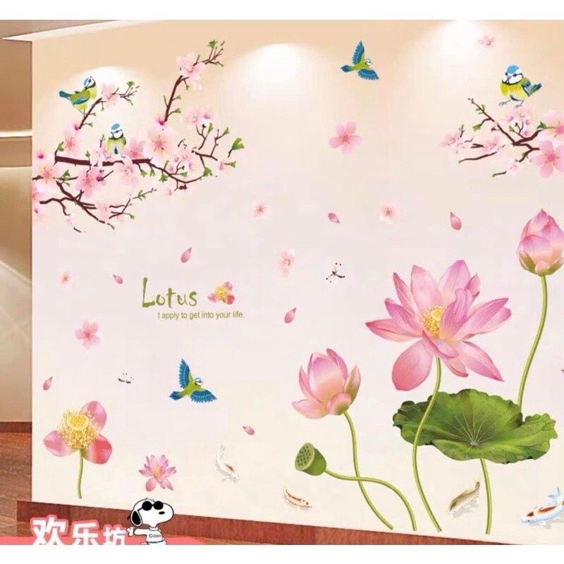 Decal dán tường cành đào và sen hồng