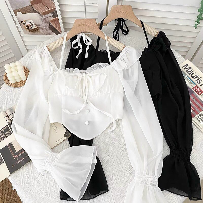 Áo croptop voan mỏng, mềm, dài tay, kiểu dáng Hàn Quốc A112