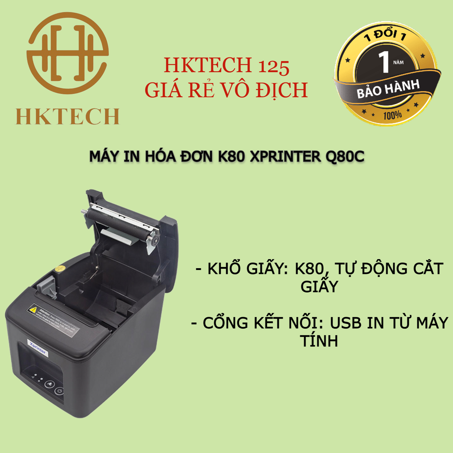 Máy in hoá đơn k80, máy in bill k80 xprinter q80c, dao tự cắt khổ k80, cổng usb in qua máy tính