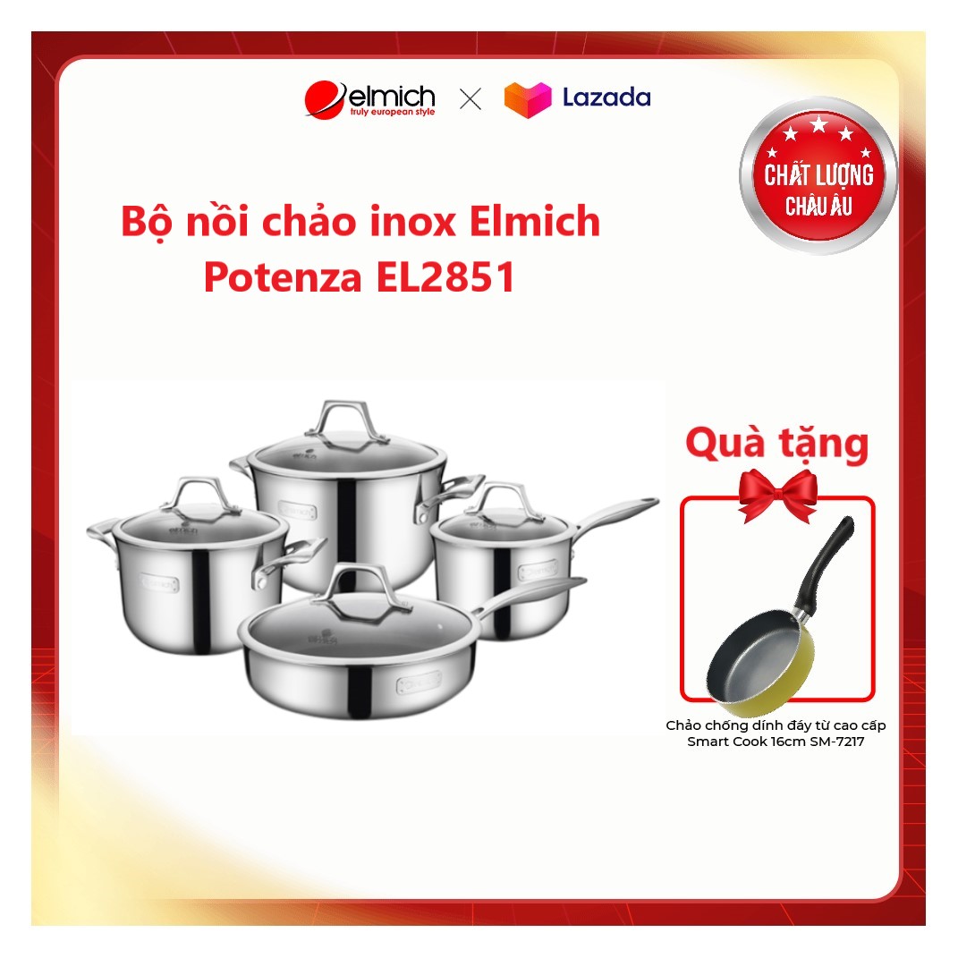 [Trả góp 0%] Bộ nồi chảo inox Elmich Potenza EL2851