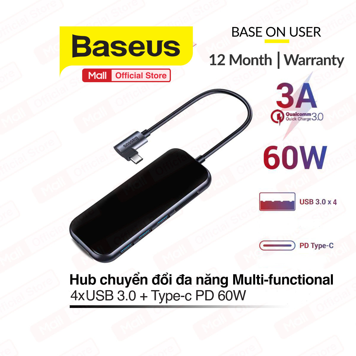 Hub chuyển đổi đa năng baseus multi-functional hub type-c to 4xusb 3.0+type-c pd