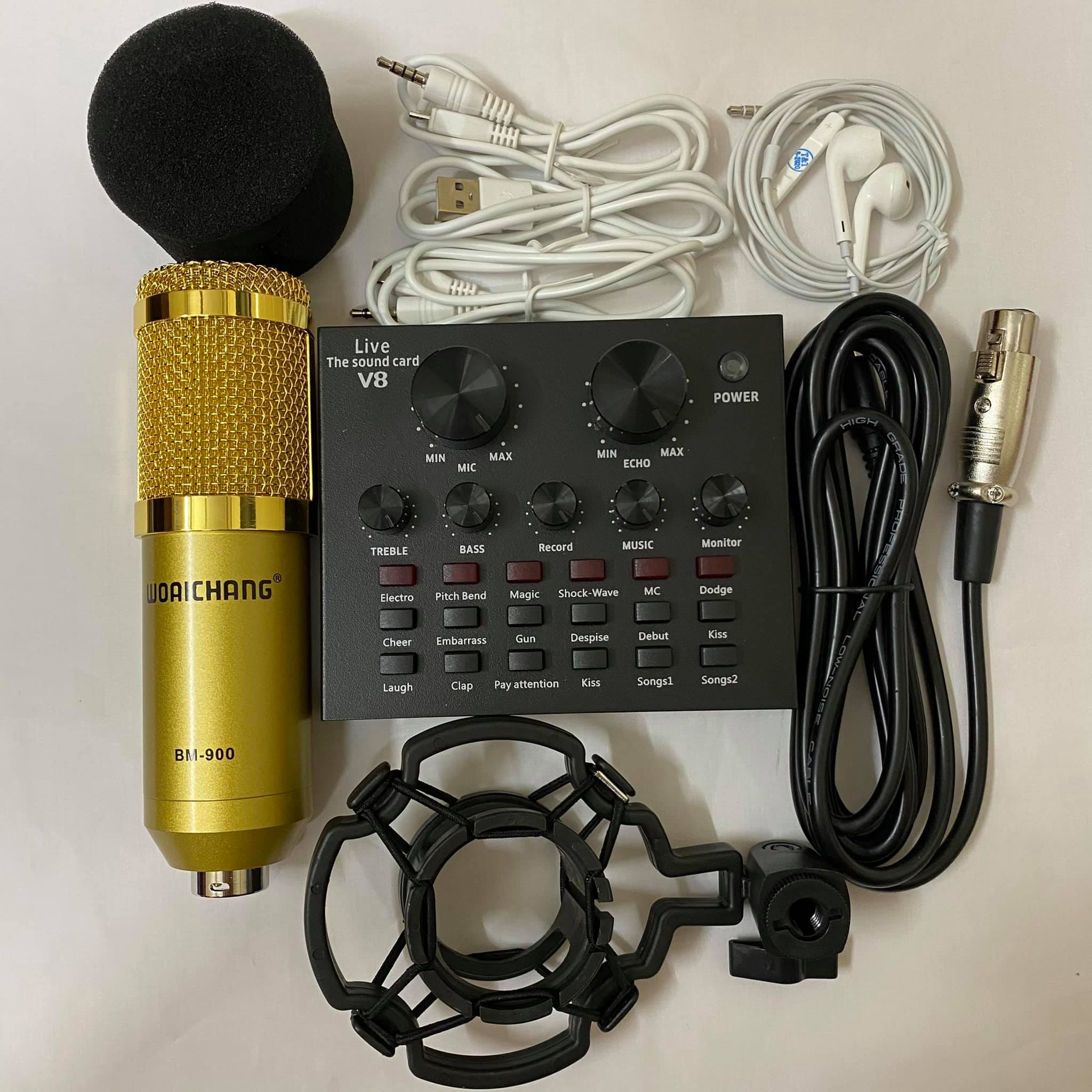 [ COM BÔ TRỌN BỘ LIVETREAM ] Mic Thu Âm Woaichang BM900+Sound Card V8 bluetooth Live Stream tặng tai nghe, Mic Thu Âm Bài Hát Chuyên Nghiệp | Phòng Thu Chất Lượng Cao‎ , Thiết Bị Phòng Thu Âm Chuyên Nghiệp , Micro Thu Âm Micro Livestream