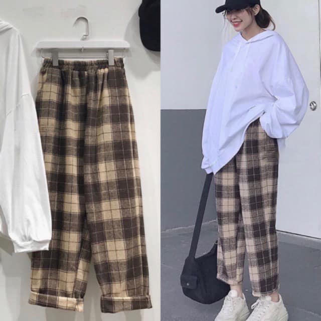 (ẢNH THẬT) Quần kẻ caro ống rộng màu nâu cạp chun ( TẶNG MÓC TREO CHÌA KHÓA CUTE) thời trang nữ cực chất, PHUONGMART