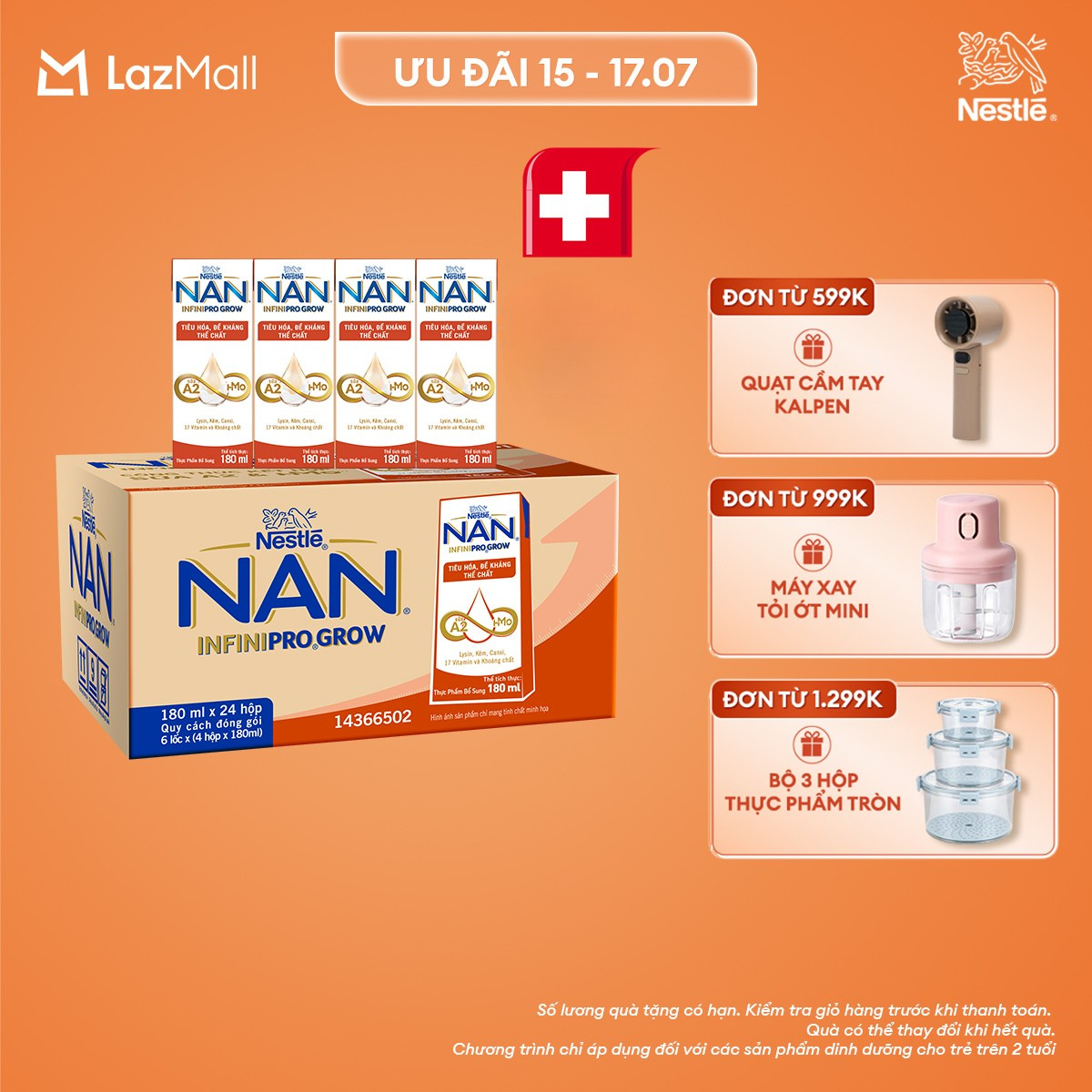 [CHỈ 15-17.07 QT ĐƠN 599K/999K/1299K]Thùng 24 hộp sữa pha sẵn Nestle NAN INFINIPRO GROW với công thức vượt trội kết hợp sữa A2 và HMO hỗ trợ tiêu hóa, đề kháng và phát triển thể chất (4x180ml)
