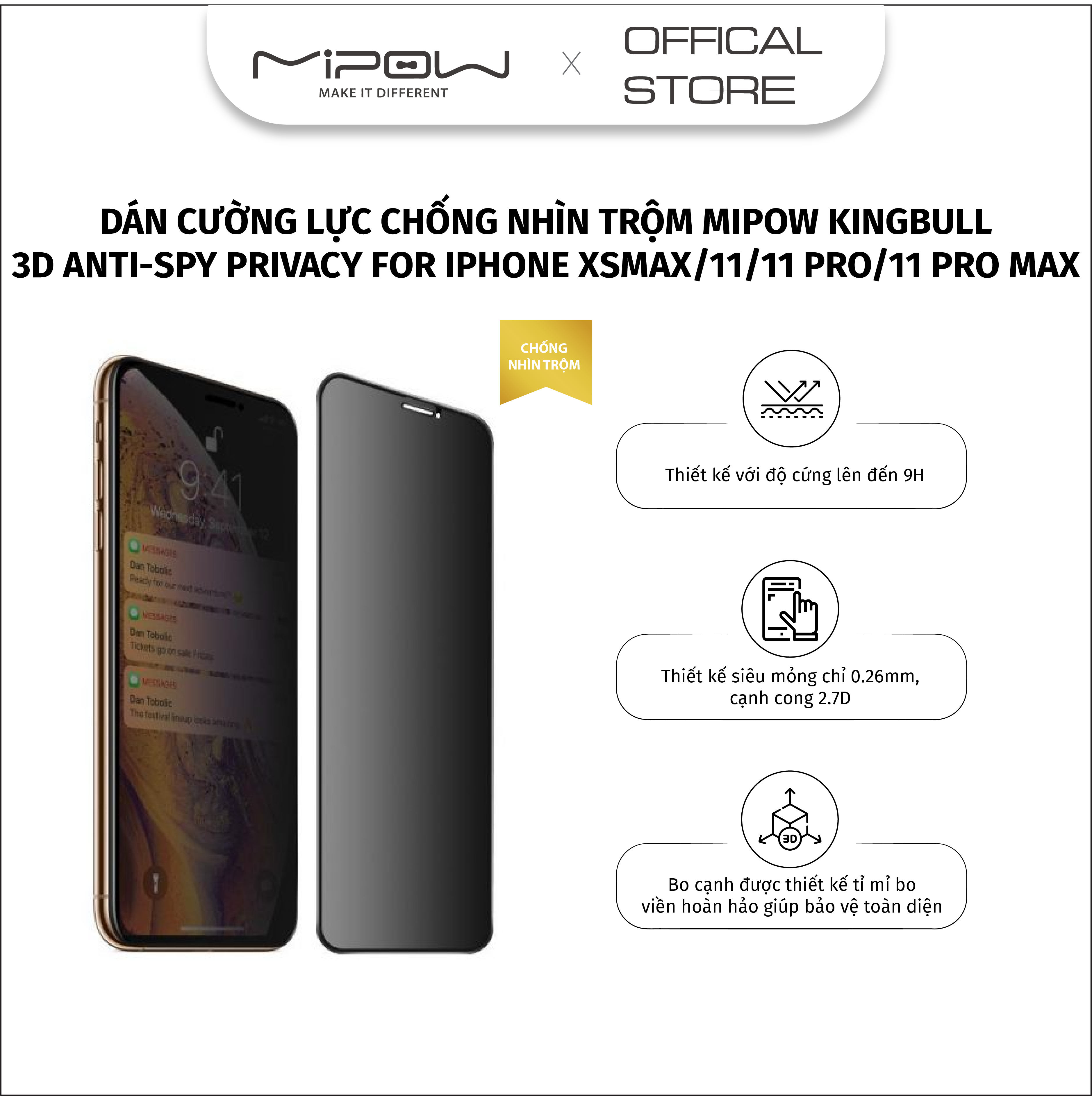 Dán chống nhìn trộm mipow kingbull hd premium cho iphone 11/11pro/11pro max - hàng chính hãng