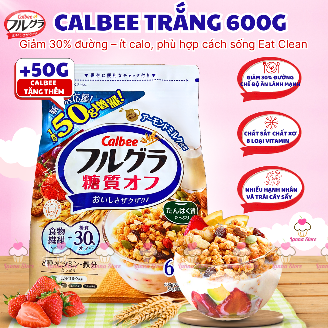  【HÀNG MỚI VỀ Ngũ cốc Calbee Trắng Ít Đường Ăn Kiêng Giảm Cân Nhật Bản Granola Mix Hoa Quả Hạt Sấy Khô Ăn Sáng - 600g 