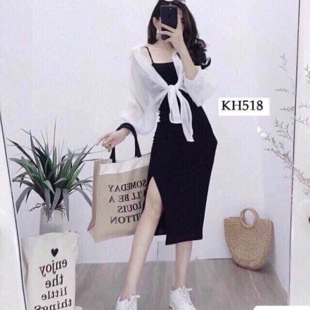 Đầm body thun 2 dây  kèm áo khoác voan ngoài cá tính