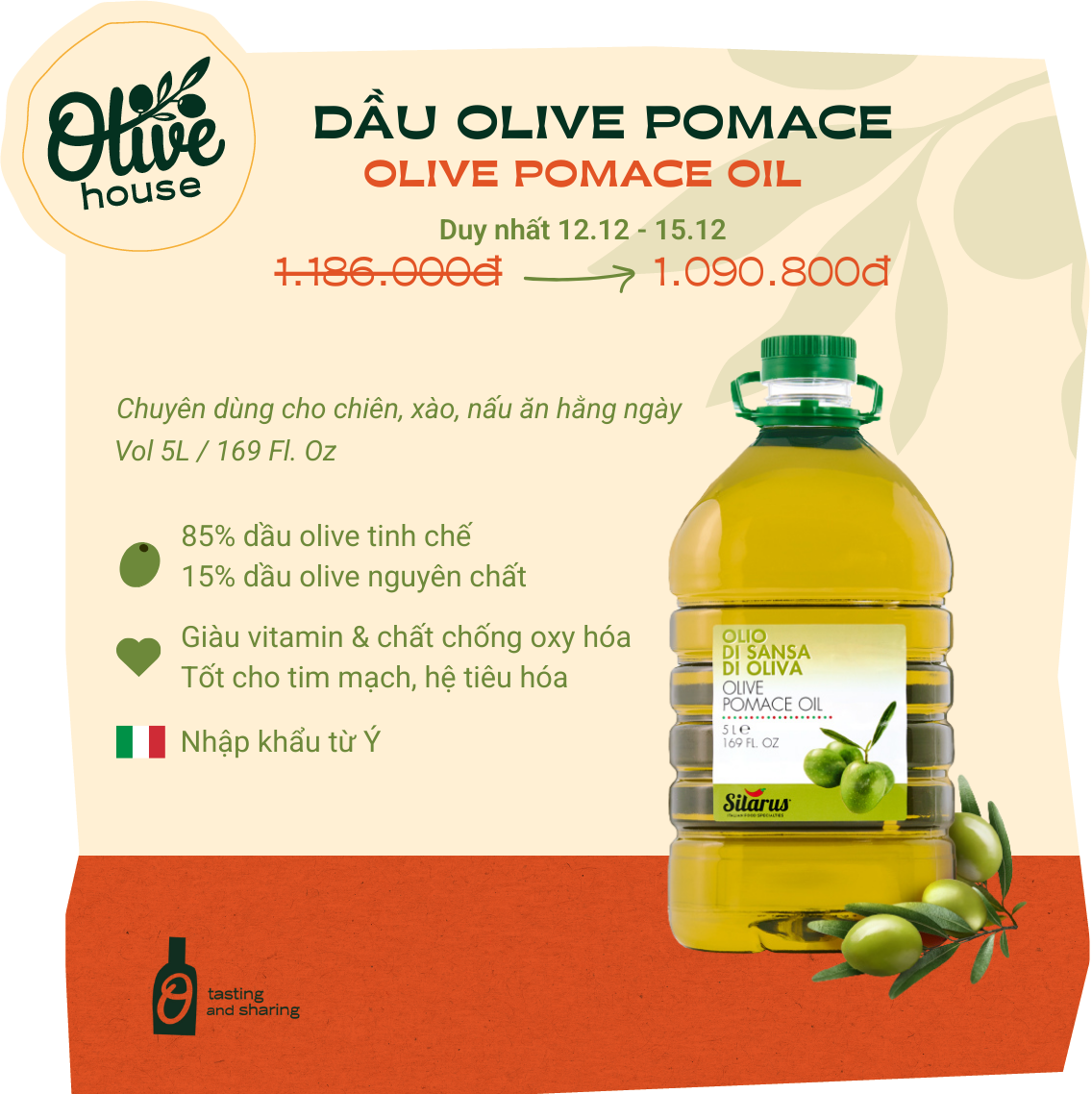 Cooking Olive Oil 5L - Light Frying Oil for Vietnamese Families - Imported from Italy Brand Silarus