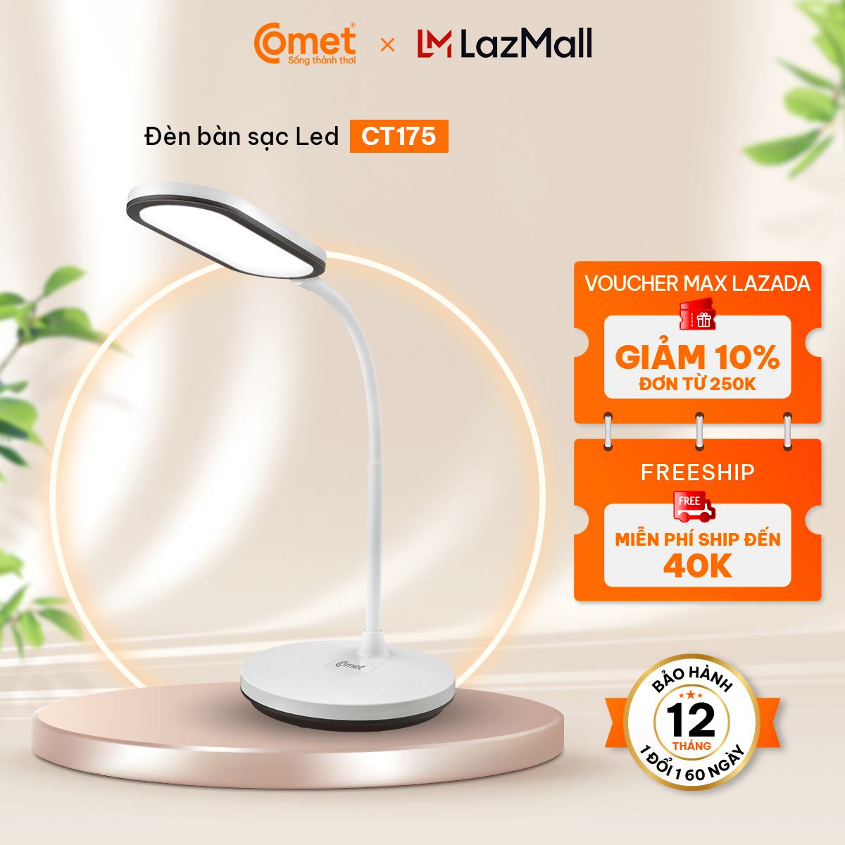 Đèn Học Comet CT175 5W Để Bàn Làm Việc, Đọc Sách, Pin Tích Điện, Chống Cận Thị 3 Màu Ánh Sáng,Cảm Ứng Thông Minh