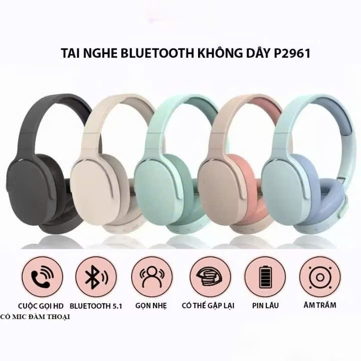 Tai nghe chụp tai bluetooth không dây âm Bass sâu trầm ấm có mic đàm thoại chống ồn, độ trễ cực thấp, gập gọn chơi game P2961