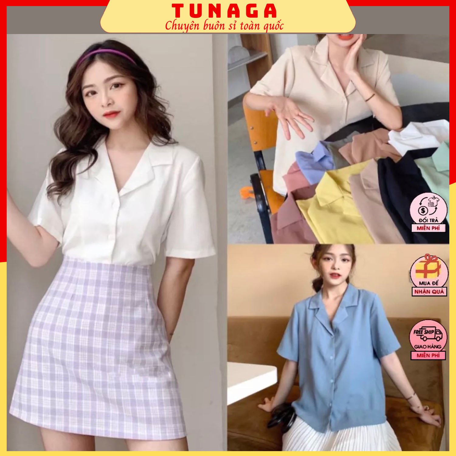 Sơ mi nữ cổ vest tay ngắn-áo sơ mi nữ form rộng hàn quốc