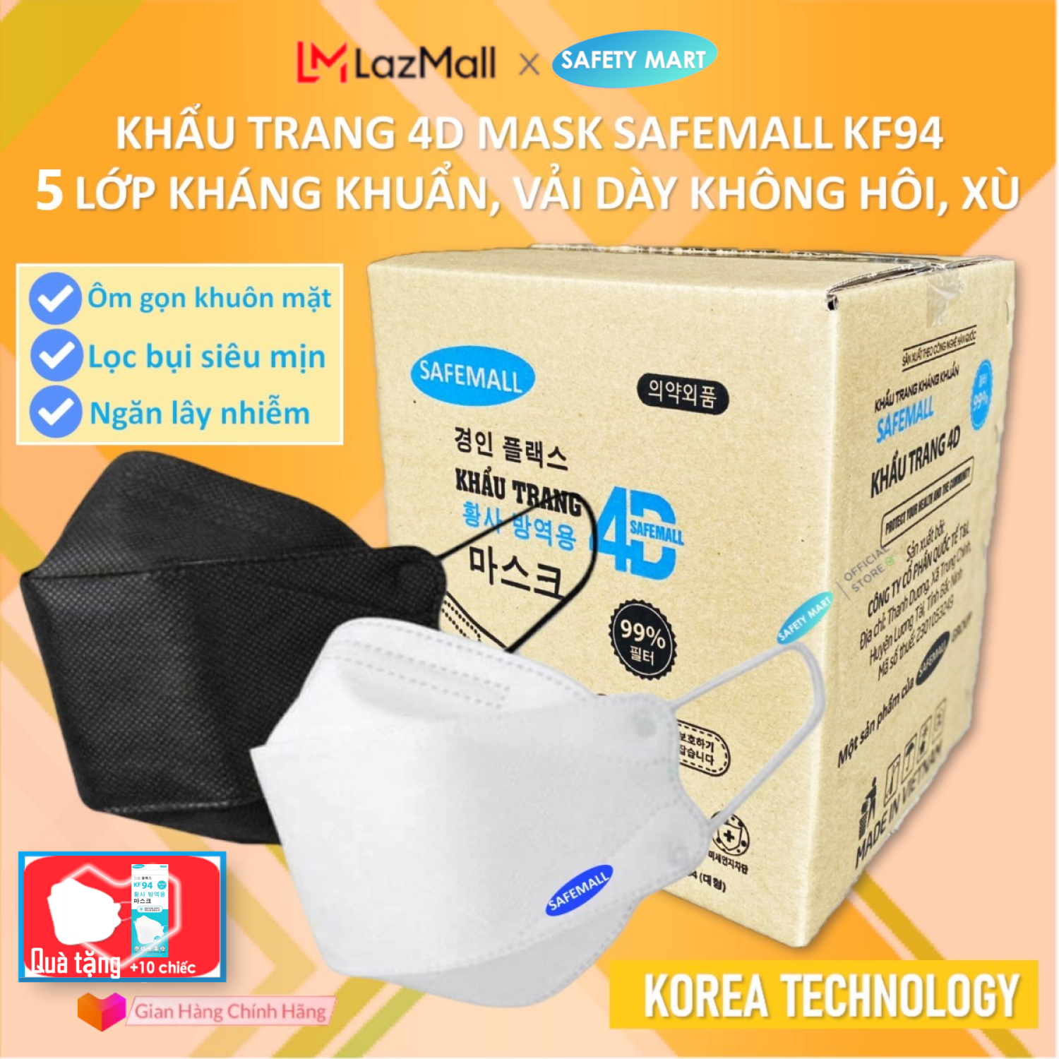 [ĐỘC QUYỀN] Thùng 300 chiếc Khẩu trang y tế 4D KF94 SafeMall Korea Technology, 5 lớp vải kháng khuẩn, kháng bụi mịn lên đến 95%, đạt tiêu chuẩn ISO - Hàng Chính Hãng Safety Mart Official