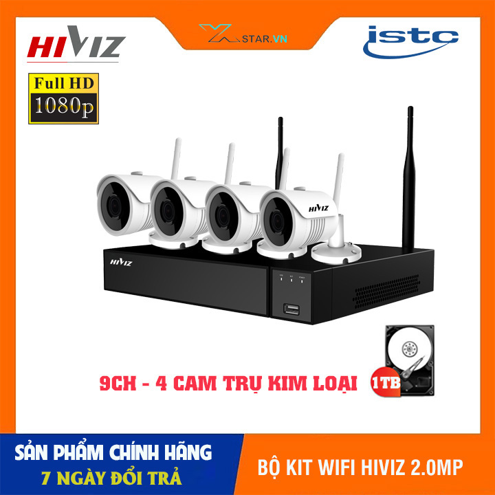 Bộ camera giám sát không dây hiviz fhd 1080p, bộ kit nvr với 4 camera than trụ 2.0mpx, kèm ổ cứng hdd 1tb, kèm phụ kiện lắp đặt - sản phẩm chính hãng