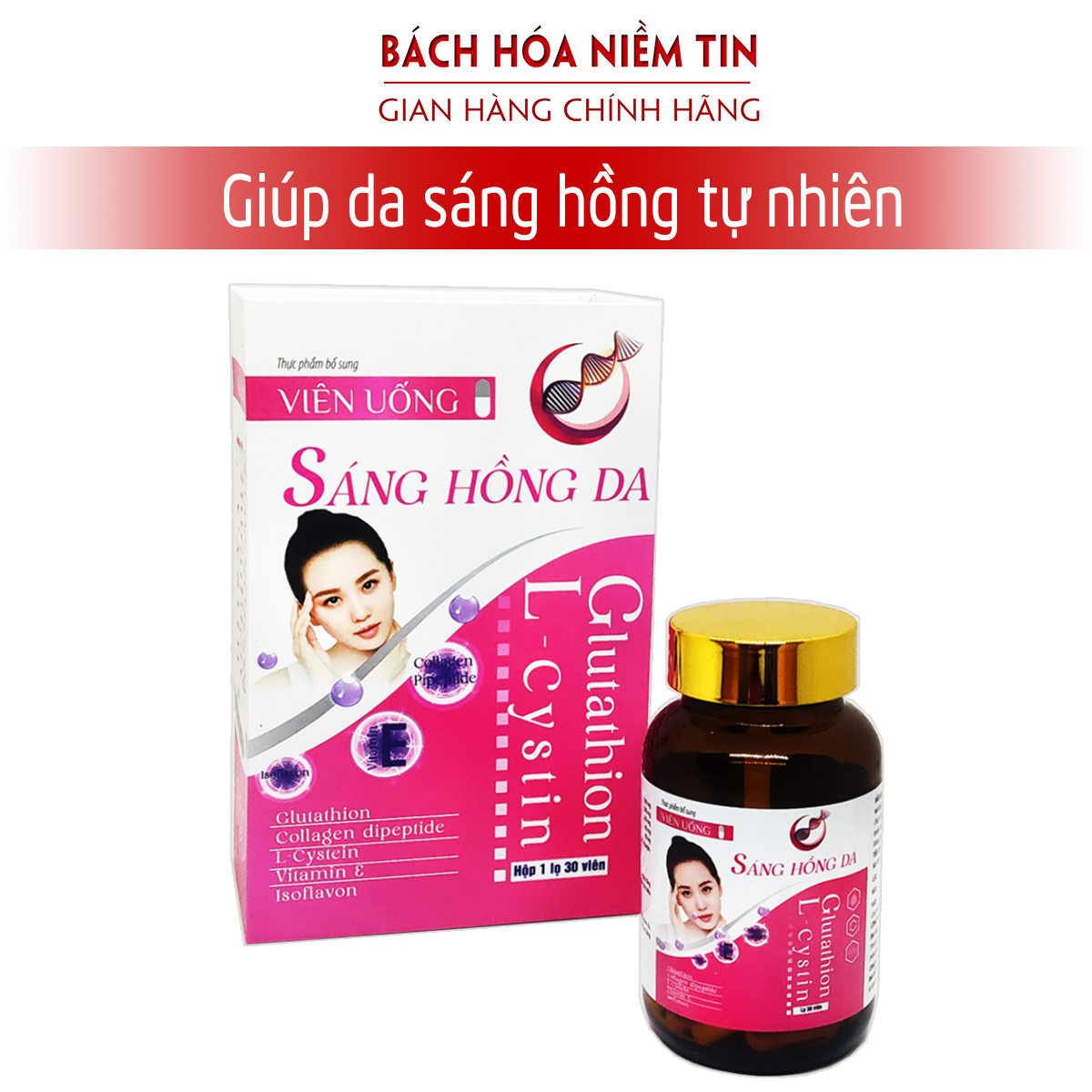 Viên Uống Trắng Sáng Hồng Da Glutathion L- cystin Bổ Sung Vitamin E, Collagen,acid amin, Glutathion ,L- cystin hỗ trợ  Giảm Lão Hóa Da , Tăng Độ Đàn Hồi Cho Da hỗ trợ  Da trắng ,Sáng Hồng ,giảm Các Triệu Chứng Nám Da, Khô Da , Sạm Da ,Tàn Nhang