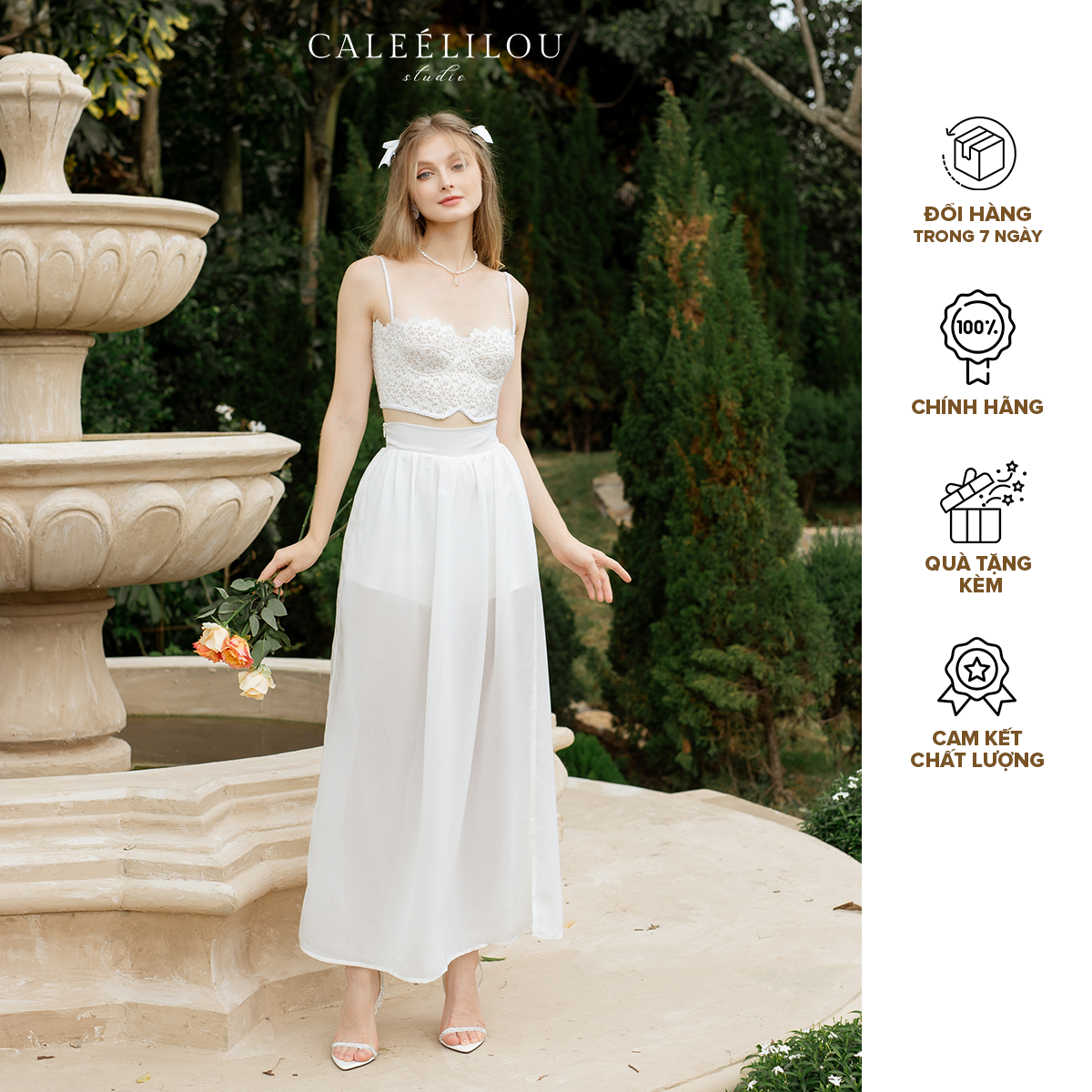 Caleelilou - Set áo thêu hoa & chân váy xẻ tà