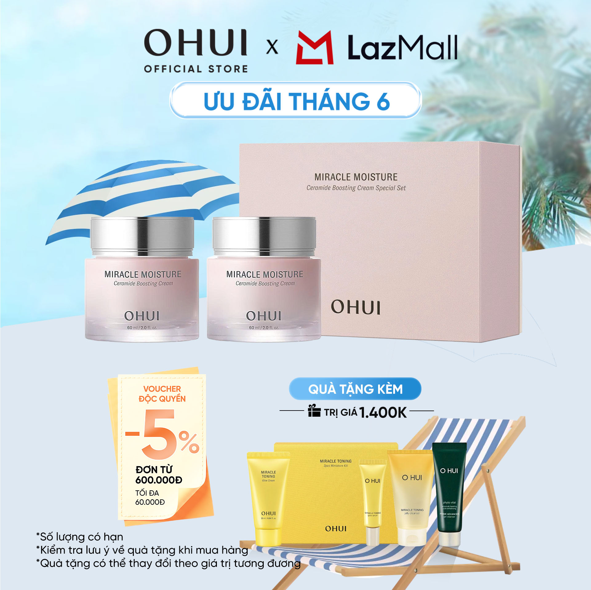 Kem dưỡng ẩm mịn mượt căng sáng da OHUI Miracle Moisture Cream 60ml+60ml