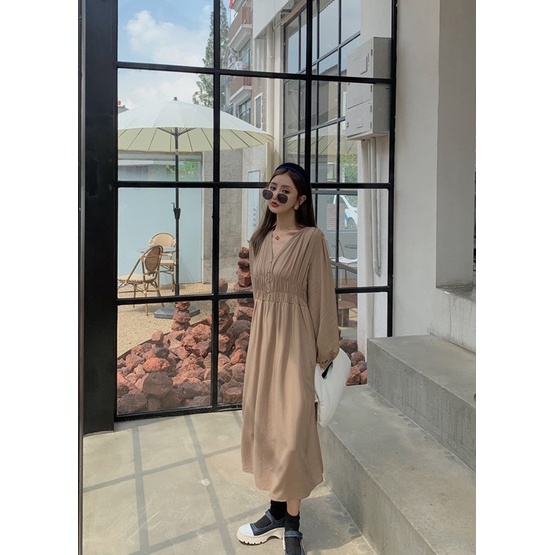 Đầm công sở thun eo -đầm liền thân nút bọc
