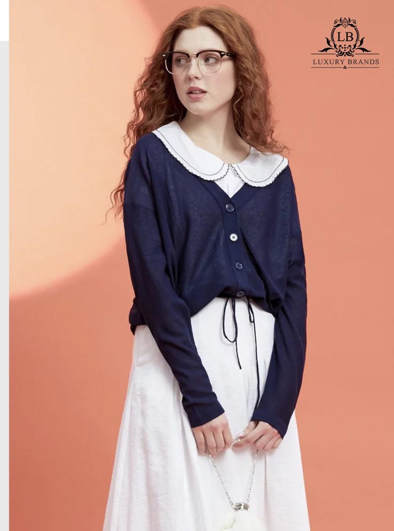 Áo len tăm cardigan ngắn có cúc dây rút xanh navy thời trang hot thu đông phong cách ulzzang Hàn Quốc hàng l1