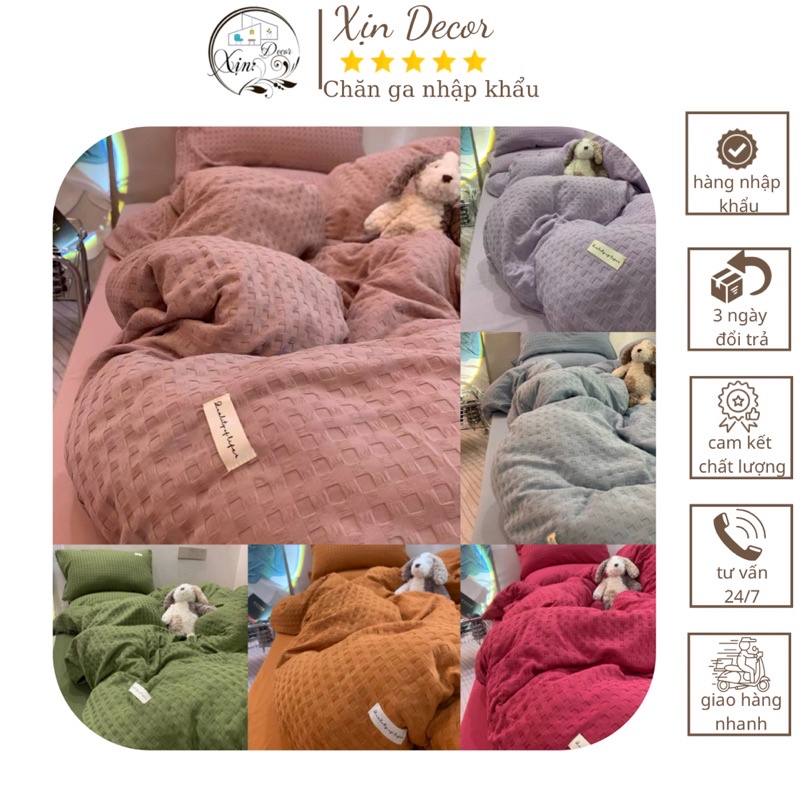 Bộ ga gối và vỏ chăn Cotton Waffle đơn sắc kẻ sọc ô vuông Xịn Decor