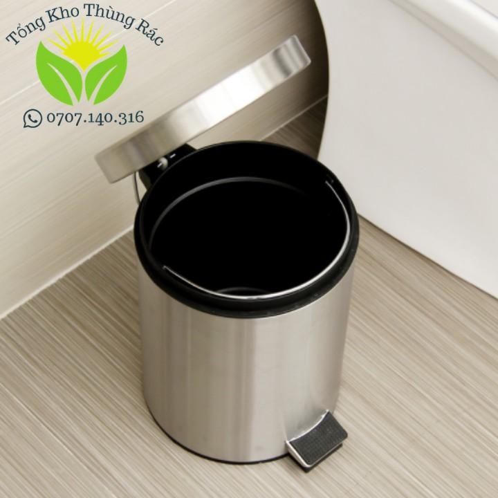 Thùng Rác Inox Đạp Chân 8L (225  330), Thùng Rác Đạp Chân Inox 8L Màu Bạc