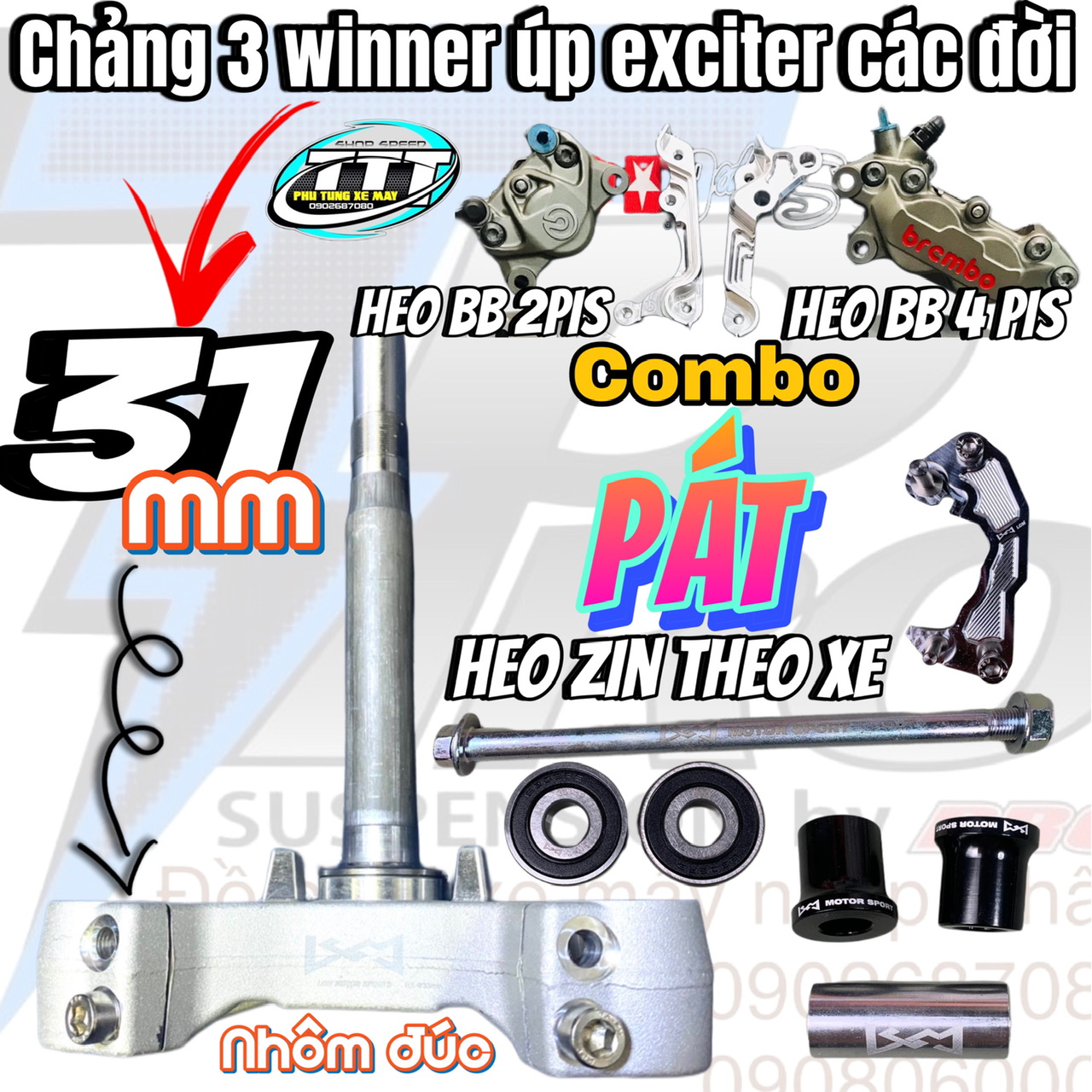  Chảng 3 nhôm đúc phuộC trước winner + bạc đạn + bộ canh cốt up ex150 LCM 