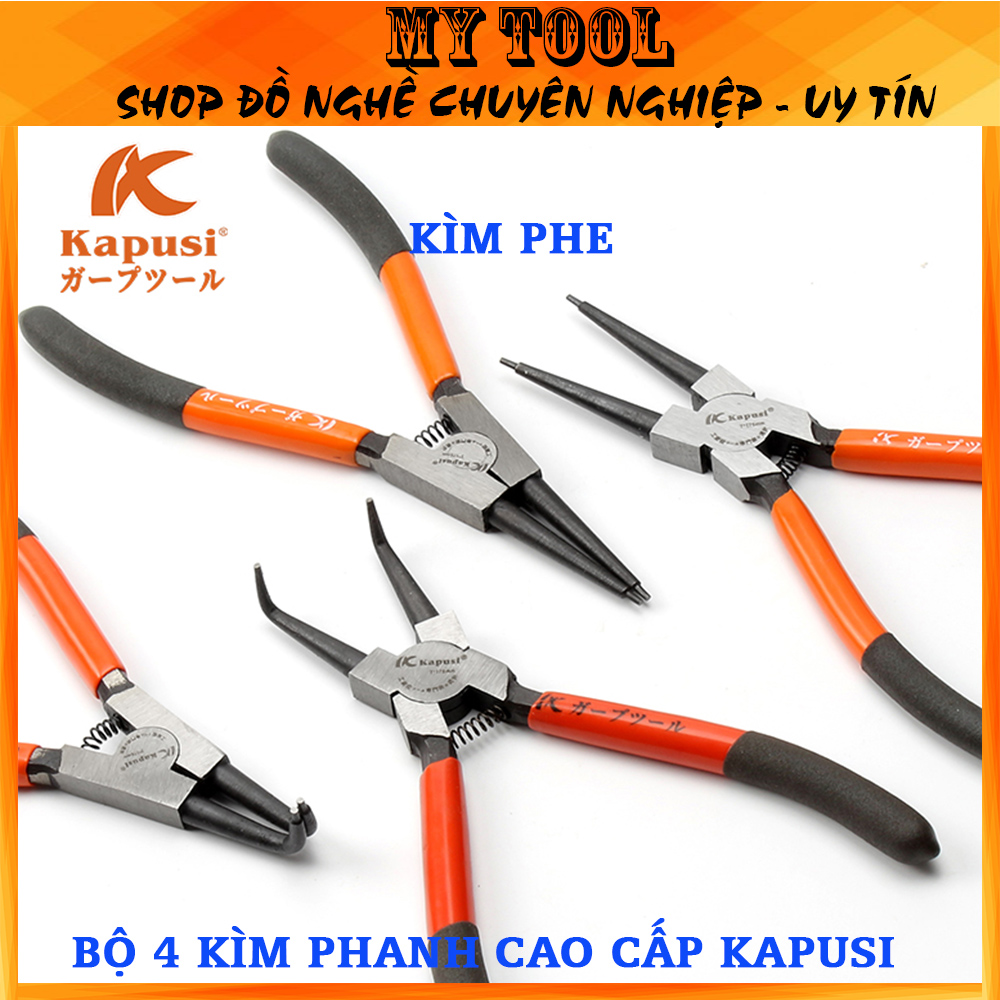 Bộ 4 kìm mở phe kapusi japan 7inch/175mm, kìm mở phe ngoài mũi thẳng, kìm mở phe trong mũi thẳng, kìm mở phe ngoài mũi cong, kìm mở phe trong mũi cong, kềm phe