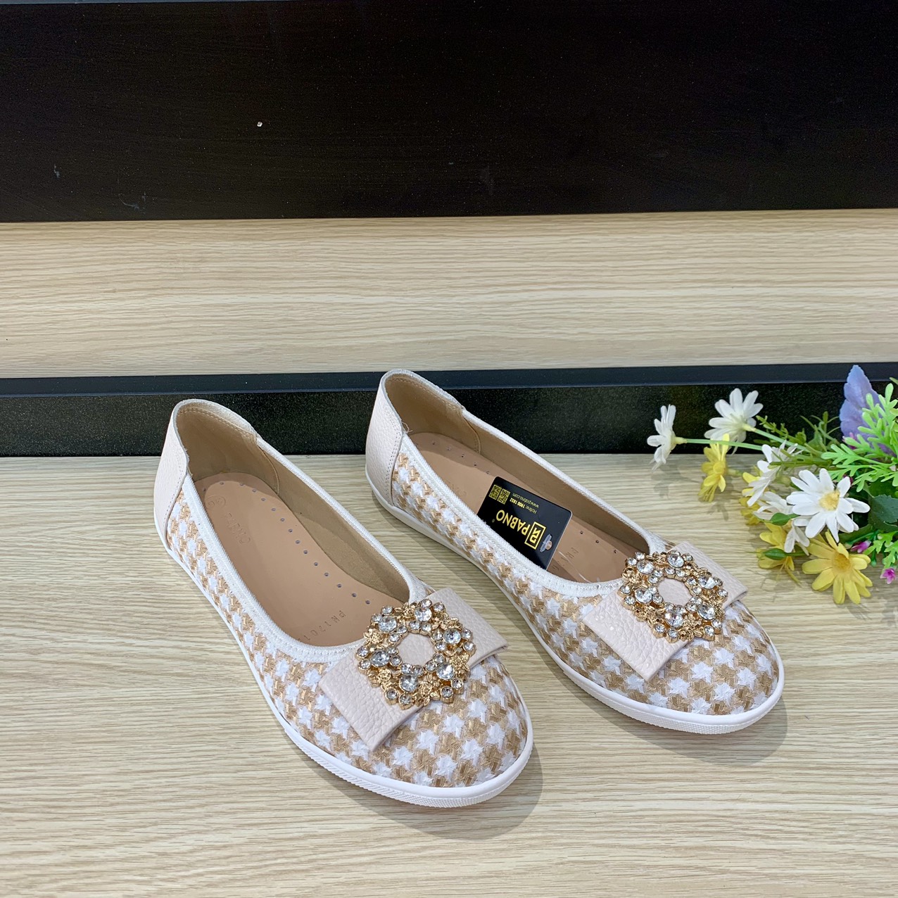 Giày búp bê pabno pn17013, giày búp bê nữ hàng hiệu khóa nơ, giày búp bê nữ hàn quốc đế cao 1cm