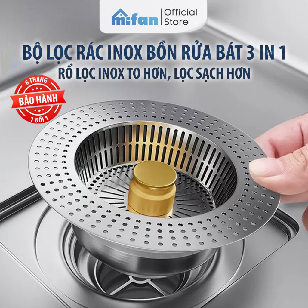 Bộ Lọc Rác Bồn Rửa Bát Inox 304 3 in 1 Mifan - Ngăn mùi hôi côn trùng Nút chặn thoát nước Khay giỏ lọc thức ăn thừa 