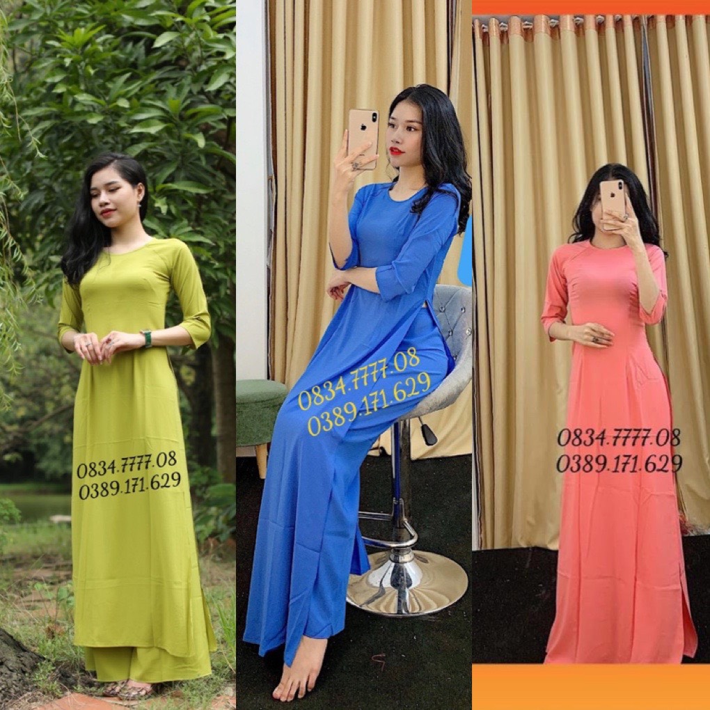 Áo dài trơn màu xanh cốm- xanh cô ban nhạt- hồng đào 2 tà