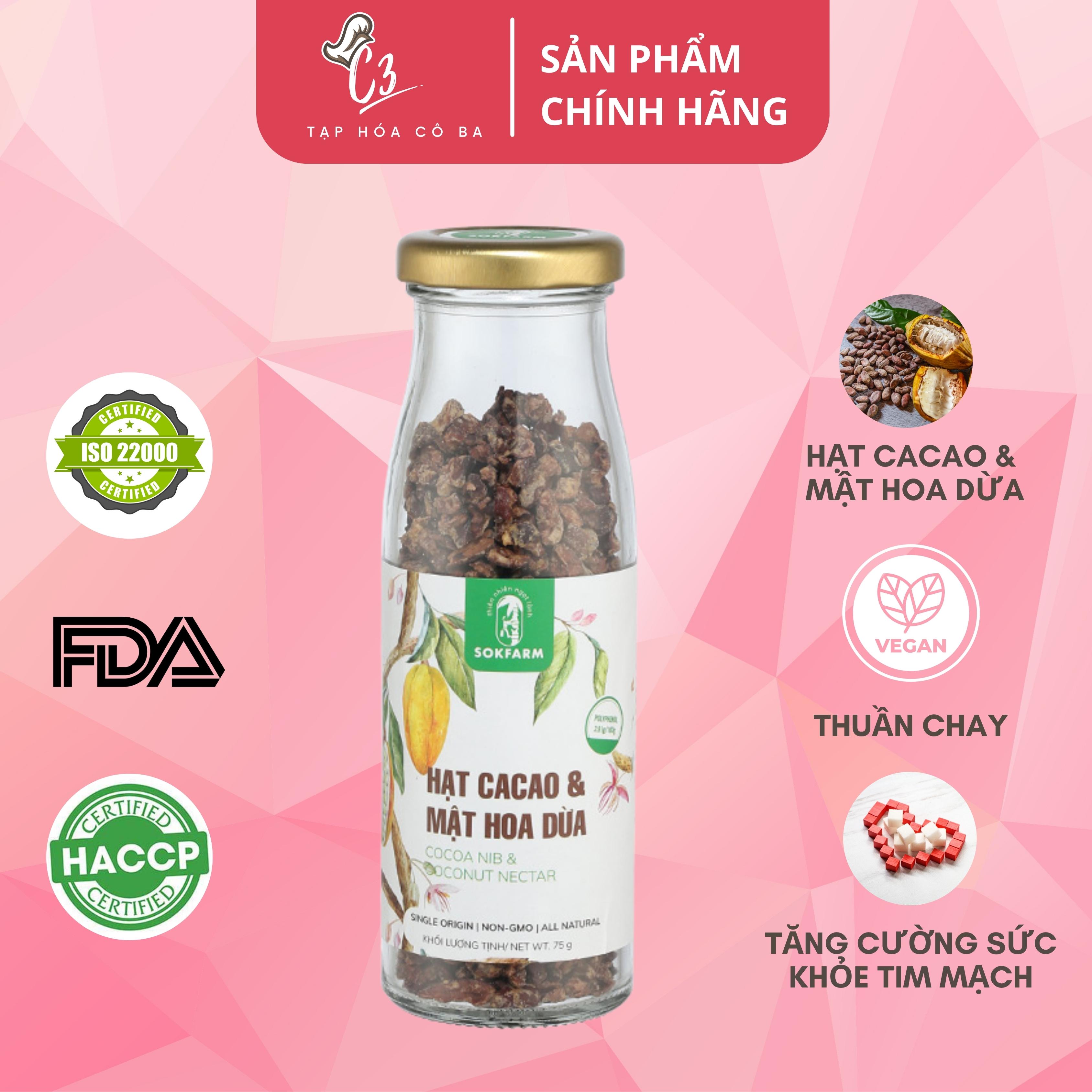 Hạt cacao & mật hoa dừa Sokfarm 75g giúp ổn định đường huyết và ngăn ngừa bệnh tim mạch
