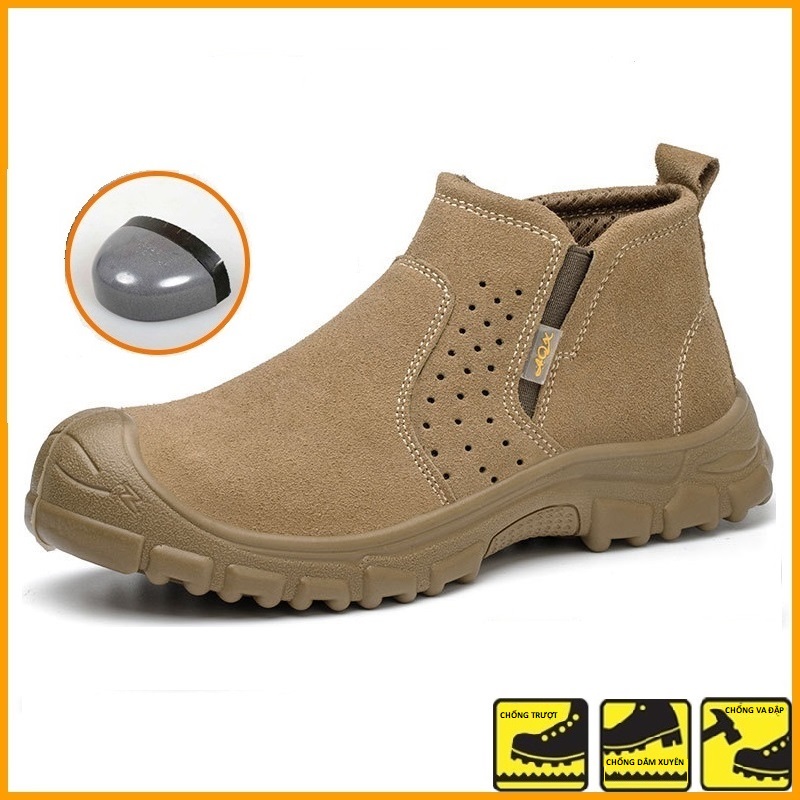 Giày nam Bảo hộ Lao Động  mũi thép đế thép-Giày thể thao nam,Giày sneaker nam  da lộn màu Be -ĐenS015