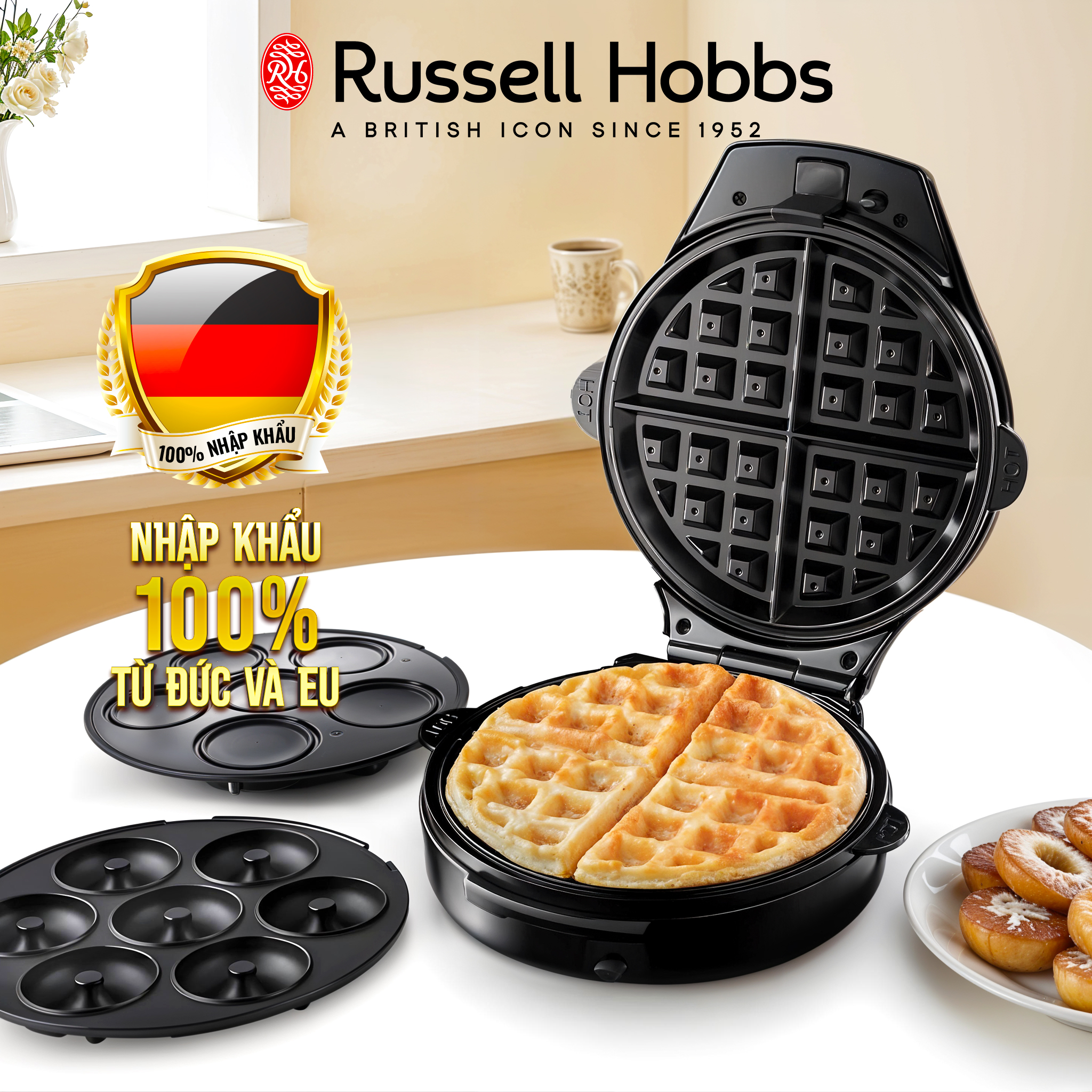 Máy Làm Bánh 3 Trong 1 Waffle, Muffin và Donut, Russell Hobbs Fiesta 24620-56 - Nhập khẩu từ Đức & EU