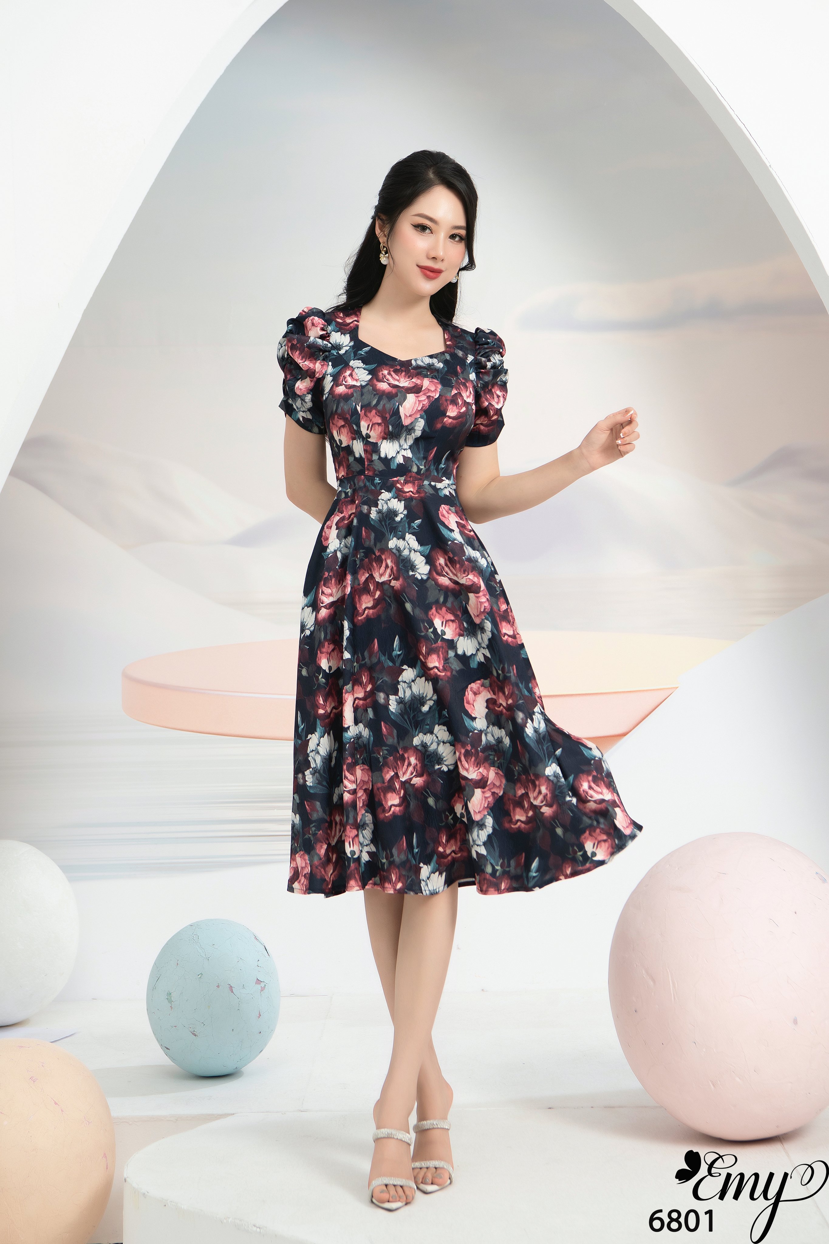 Đầm emy em6801 xoè tay nhún