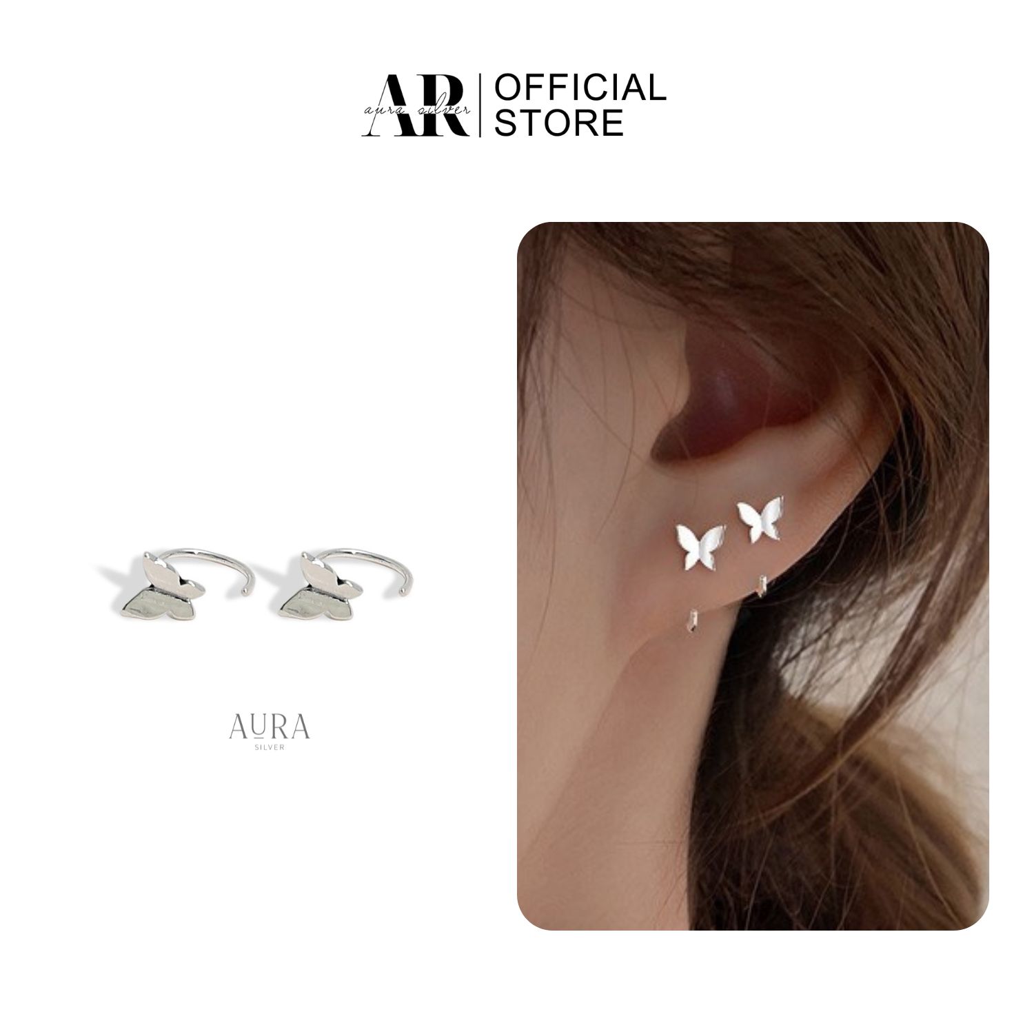 Bông tai bạc 925 Aura Silver hình hồ điệp dáng cong gọn đơn giản-AURASILVER-KT38