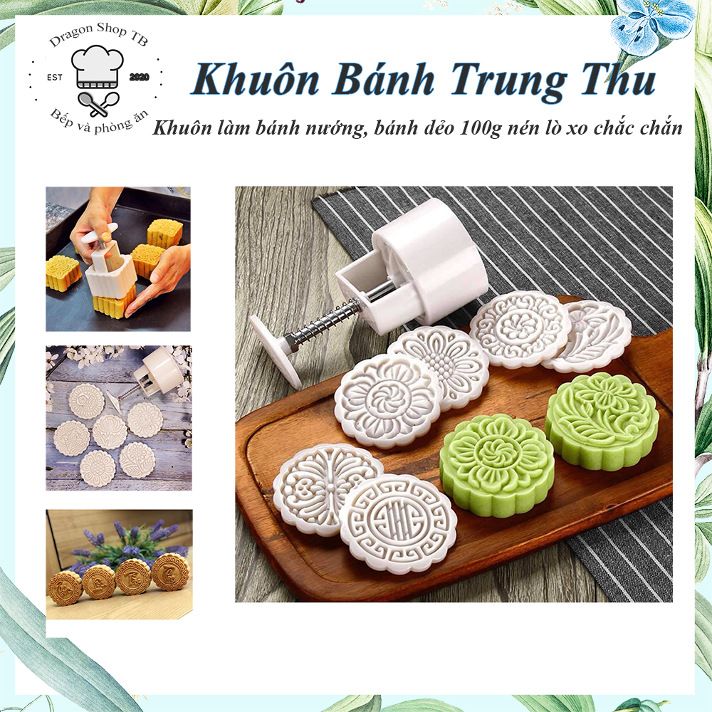 Khuôn Làm Bánh Trung Thu, Khuôn Làm Bánh Nướng Bánh Dẻo 100g Mẫu Tròn và Vuông 6 Mặt Đủ Mẫu Hoa - Bộ Khuôn Ép Lò Xo 4 Chữ Phúc Lộc Thọ Tài