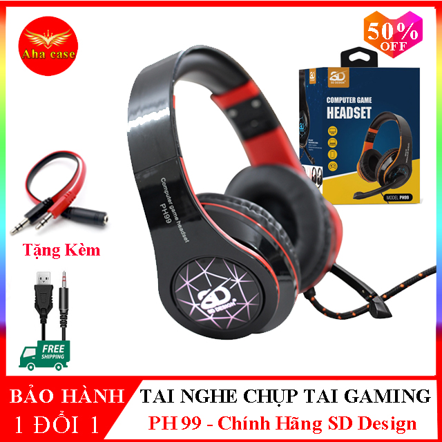 Tai nghe game thủ chụp tai SD Design PH 99  chính hãng ,Tai nghe gamming có mic có đèn LED bạn có thể chơi game trên máy tính PC, điện thoại, laptop, v.v có nút điều chỉnh âm lượng+ Tặng kèm jack chuyển đổi, Bảo hành 12 tháng