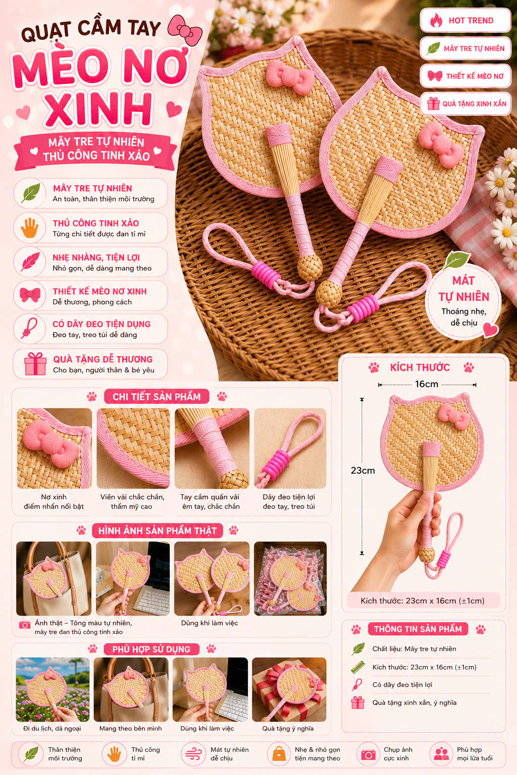 Quạt Cầm Tay Mèo Nơ Xinh - Quạt Mây Tre Handmade Quạt Mini Có Dây Đeo Quạt Vintage Quà Tặng Trung Thu