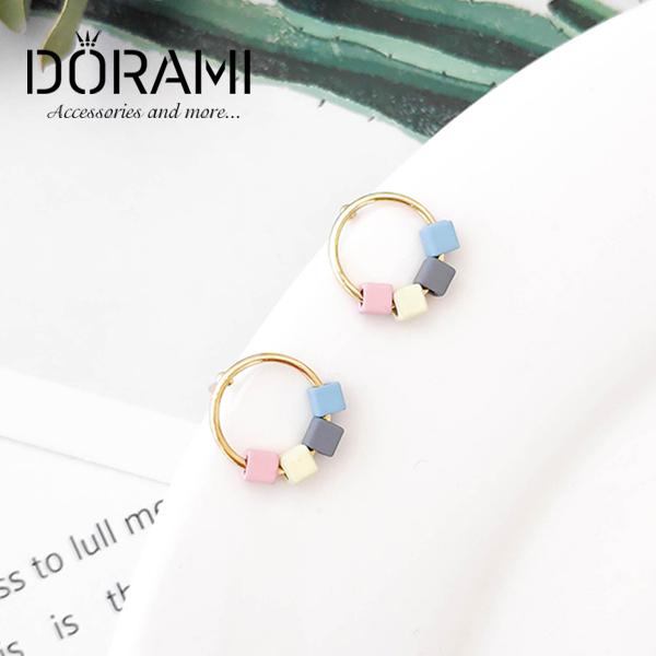 [HCM]Bông tai nữ vòng tròn nhỏ đính hạt vuông nhiều màu dễ thương style hàn quốc 2020 - dorami