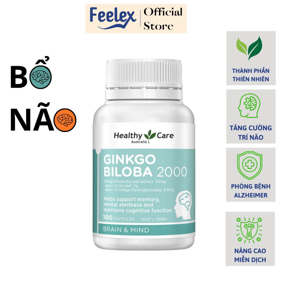 Combo 2 hộp viên uống bổ não Healthy Care Ginkgo Biloba 2000mg, 100 viên -Feelex Store