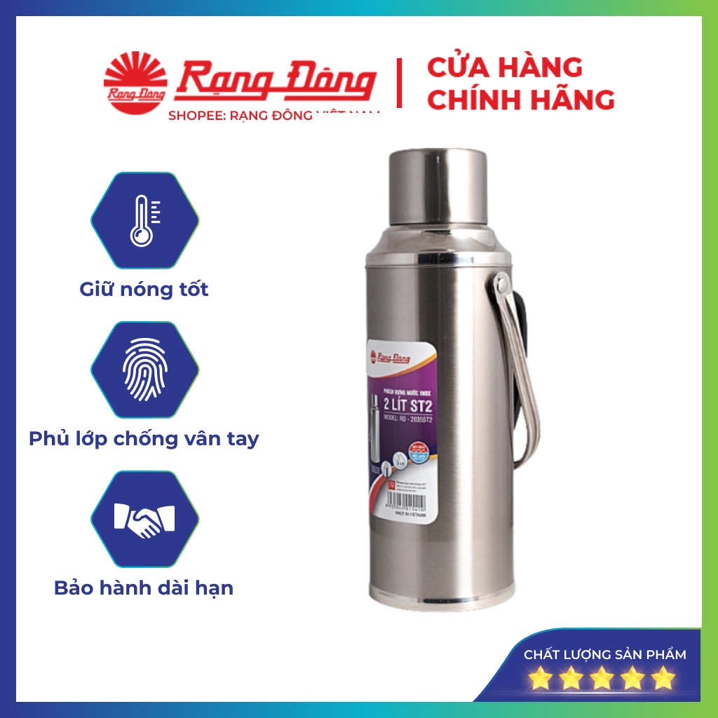 Phích đựng nước nóng 2 lít inox rạng đông cao cấp, bình thuỷ giữ nhiệt, model rd2035 st2
