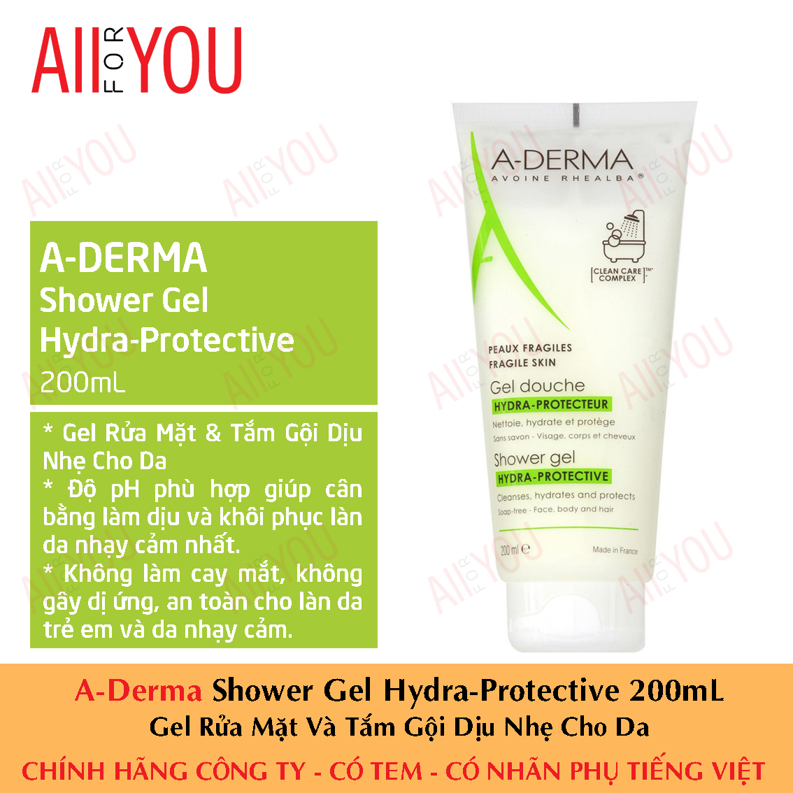 [CHÍNH HÃNG CÓ TEM - HSD 4/2024] A-DERMA Shower Gel Hydra Protective 200mL - Gel Rửa Mặt & Tắm Gội Dịu Nhẹ Cho Da.