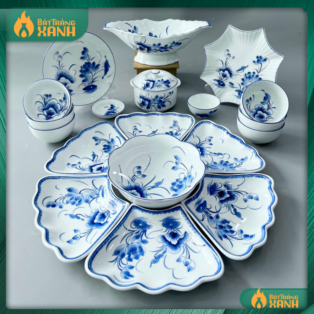 Bộ bát đĩa hoa mặt trời Bát Tràng họa tiết vẽ tay hoa sen men trắng - Bộ đồ ăn, bộ bát đĩa thờ cúng gia tiên
