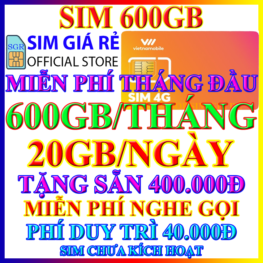 FREESHIP - King Sim 4G Vietnamobile 600Gb mỗi tháng - Miễn phí tháng đầu - Tặng 400k để gọi ngoại mạng - Miễn phí gọi nội mạng - Phí duy trì chỉ 40k - Shop Sim Giá Rẻ chính hãng - CHƯA KÍCH HOẠT.