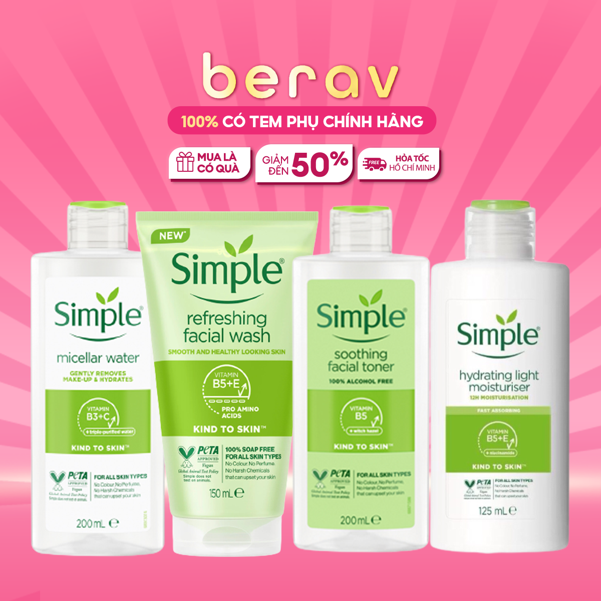 Bộ 4 sản phẩm giúp da sạch sâu cấp ẩm nuôi dưỡng da simple