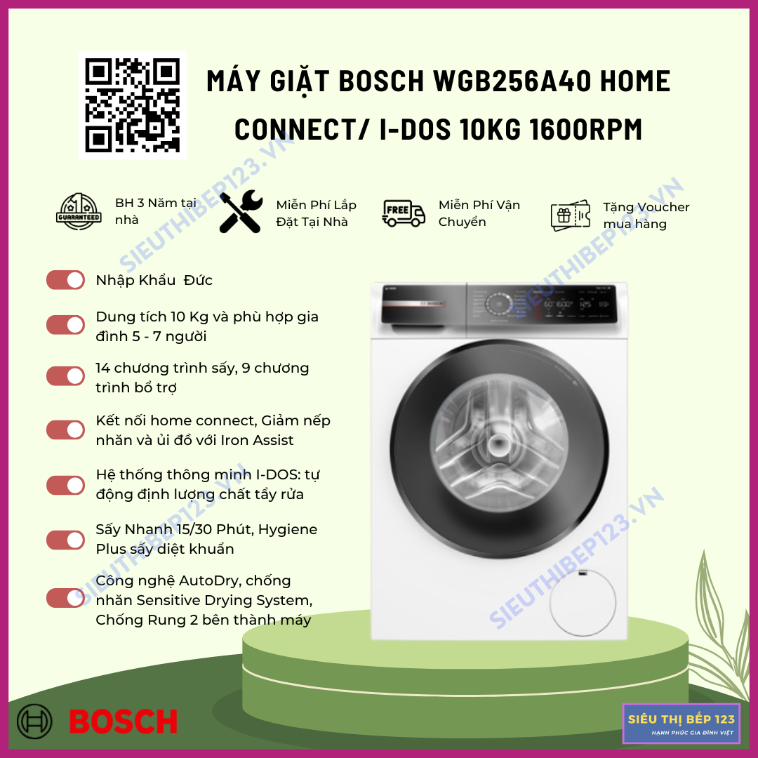 Máy Sấy Bơm Nhiệt Bosch WQB245B40 9kg, Trắng, Kích Thước 598x842x613mm