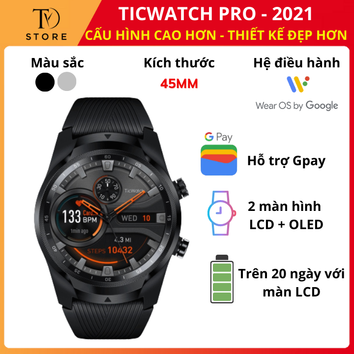 Đồng hồ thông minh Ticwatch Pro 2021 , máy mới 100% Fullbox (không seal) , bảo hành 12 tháng, phiên bản Ticwatch Pro 2021 với nhiều cải tiến (mượt mà hơn, pin tốt hơn) giá không đổi