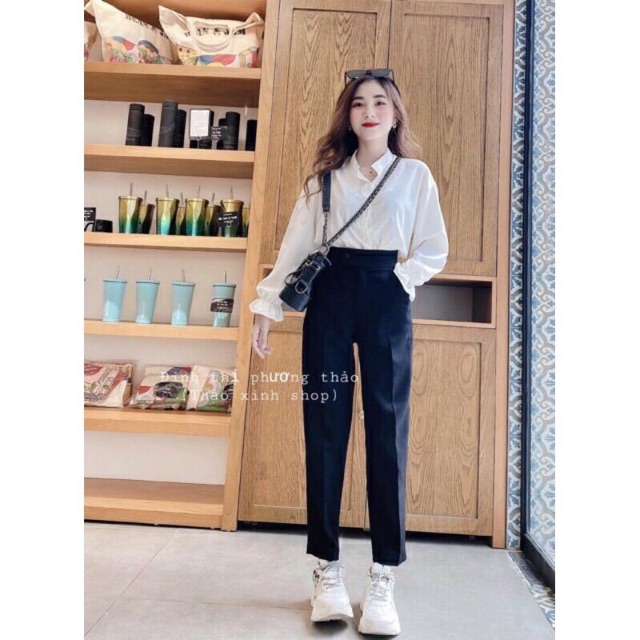 Quần tây đen nữ đi học cạp cao chuẩn mốt cực tôn dáng, ống đứng chất vải dày mịn - video shop tự quay