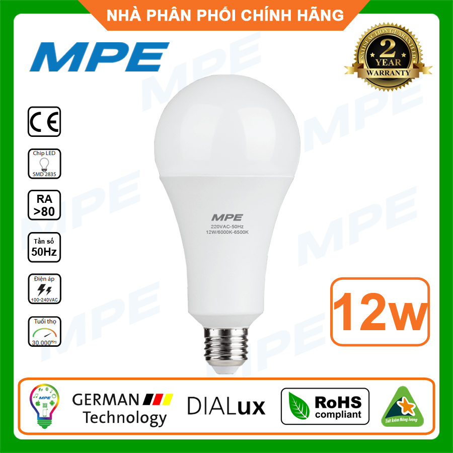 Đèn Led MPE - BH 2 năm - Bóng đèn led búp tròn 12W LBD-12T, LBD-12V siêu sáng hàng Việt Nam, công nghệ Đức - Chất lượng cao
