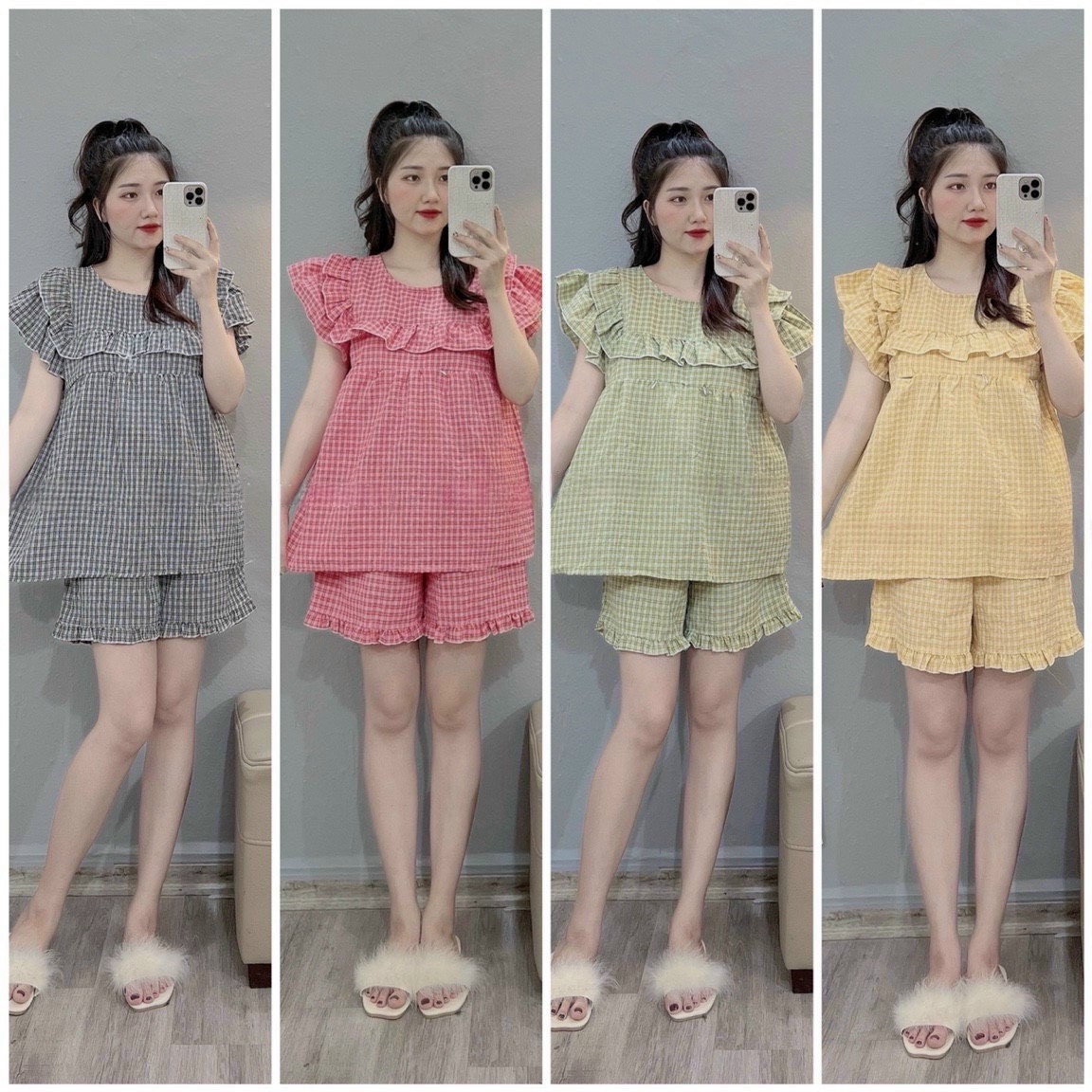 Bộ bầu cộc tay quần đùi kẻ caro tay cánh tiên b139