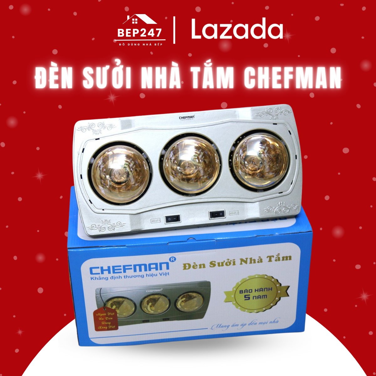 Đèn sưởi nhà tắm chefman 3 bóng - bảo hành 5 năm, hàng chính hãng